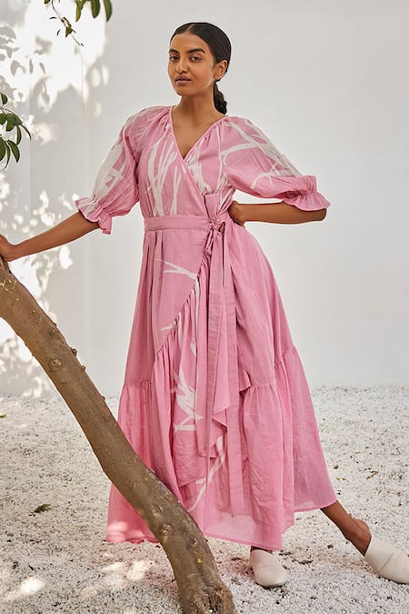 Shop_Kharakapas_Pink Cotton V-neck Lino Print Wrap Maxi Dress _Online_at_Aza_Fashions