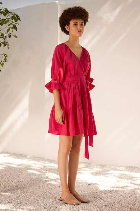 Kharakapas_Fuchsia Cotton V-neck First Love Double Wrap Dress _at_Aza_Fashions