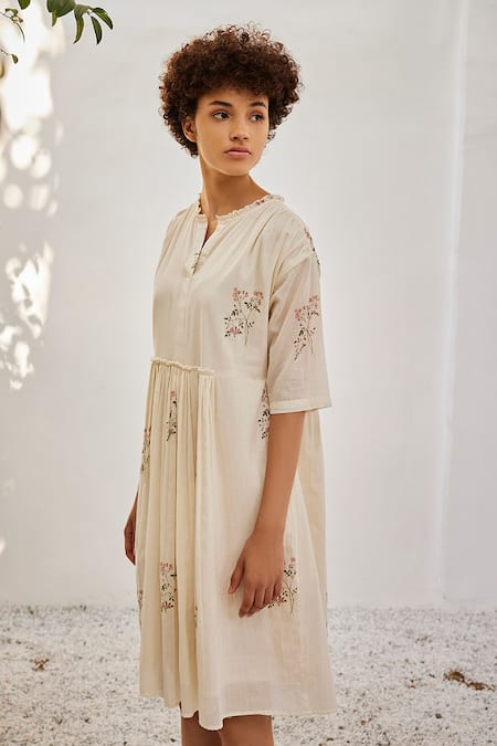 Buy Kharakapas Yellow Cotton Embroidery Round Neck Solid Ruffled Dress Online at Aza Fashions Buy_Kharakapas_Yellow Cotton Embroidery Round Neck Solid Ruffled Dress_Online_at_Aza_Fashions