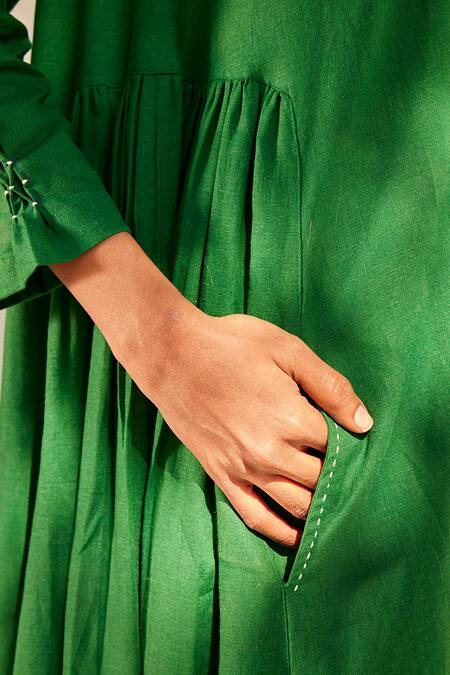 Buy_Kharakapas_Green Linen Embroidery Round Neck Late Spring Midi Dress _Online_at_Aza_Fashions