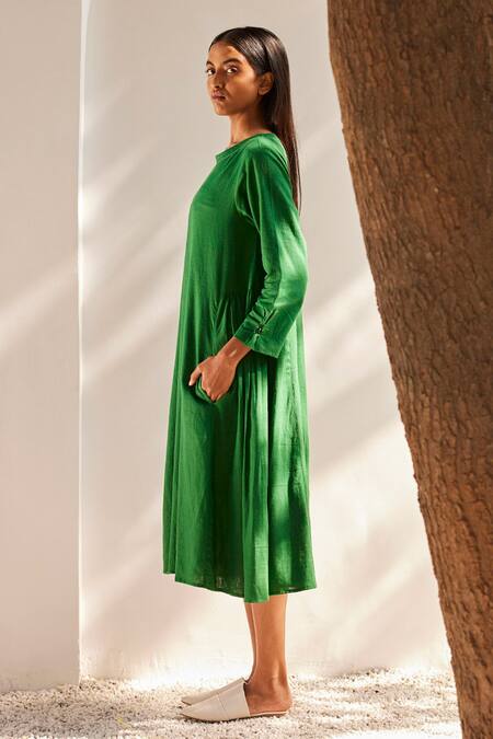 Shop_Kharakapas_Green Linen Embroidery Round Neck Late Spring Midi Dress _Online_at_Aza_Fashions