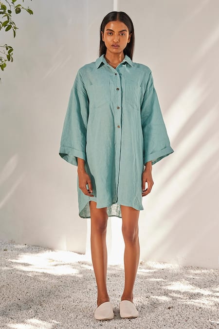 Kharakapas_Blue Linen Embroidery Shawl Neck, Collared Asymmetric Hem Haze Dress _Online_at_Aza_Fashions