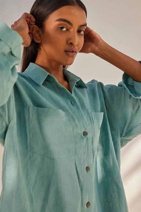 Kharakapas_Blue Linen Embroidery Shawl Neck, Collared Asymmetric Hem Haze Dress _at_Aza_Fashions