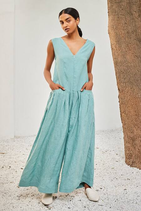 Buy_Kharakapas_Blue Linen V-neck Morning Sky Solid Jumpsuit _Online_at_Aza_Fashions