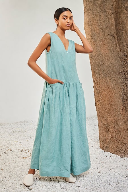 Shop_Kharakapas_Blue Linen V-neck Morning Sky Solid Jumpsuit _Online_at_Aza_Fashions