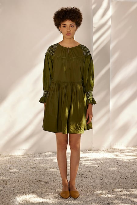 Kharakapas_Green Cotton, Poplin Round Neck Spring Breeze Dress _Online_at_Aza_Fashions