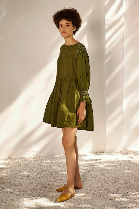 Buy_Kharakapas_Green Cotton, Poplin Round Neck Spring Breeze Dress _Online_at_Aza_Fashions