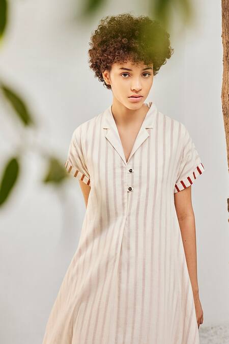 Buy_Kharakapas_Off White Cotton Embroidery Collared The Echo Striped Print Co-ord Set_Online_at_Aza_Fashions