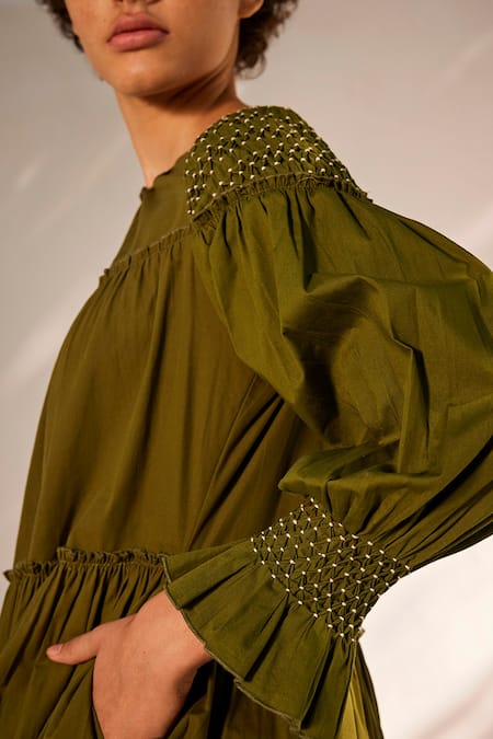 Shop_Kharakapas_Green Cotton, Poplin Round Neck Spring Breeze Dress _Online_at_Aza_Fashions