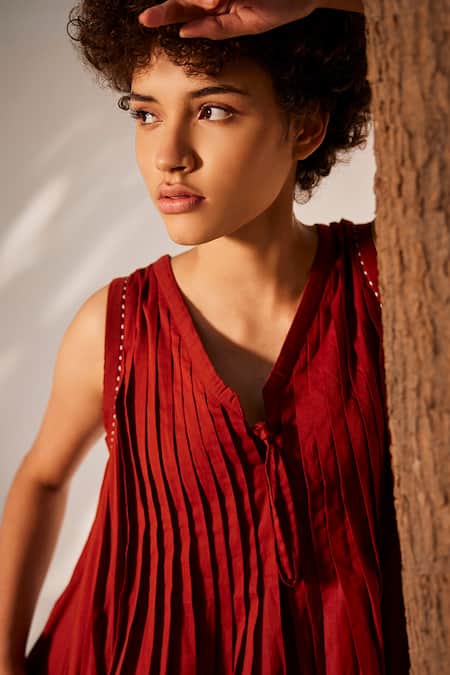 Buy_Kharakapas_Red Cotton Embroidery V-neck Pintuck Vine Mul Dress _Online_at_Aza_Fashions