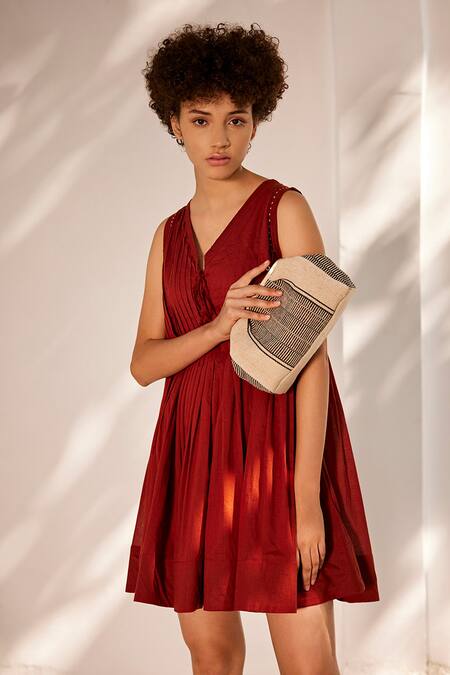 Shop_Kharakapas_Red Cotton Embroidery V-neck Pintuck Vine Mul Dress _Online_at_Aza_Fashions