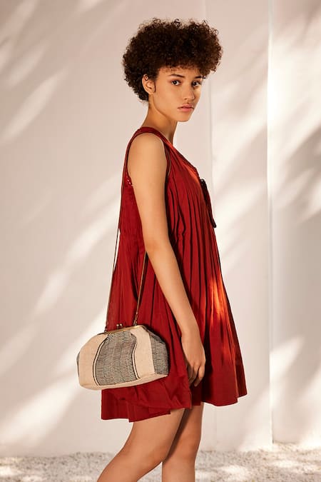 Kharakapas_Red Cotton Embroidery V-neck Pintuck Vine Mul Dress _at_Aza_Fashions