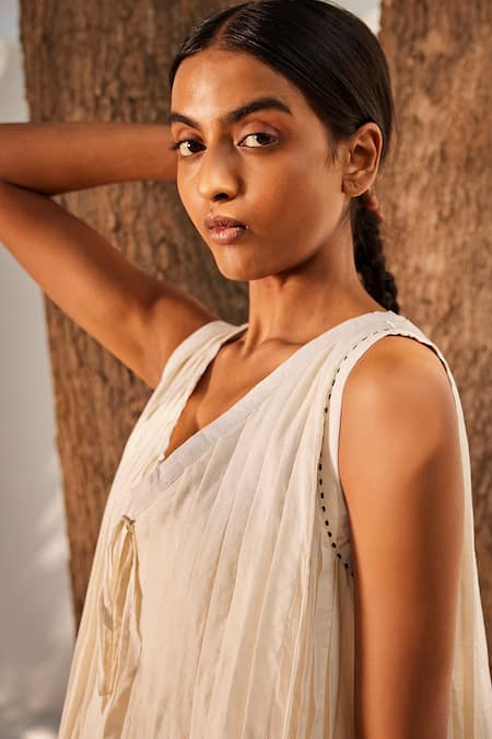 Shop_Kharakapas_Cream Cotton Embroidery V-neck Pleated Mist Mul Dress _Online_at_Aza_Fashions