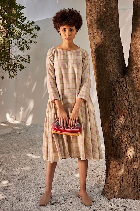 Buy_Kharakapas_Multi Color Linen Boat Neck Checkered Midi Dress _Online_at_Aza_Fashions