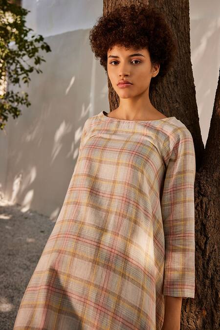Shop_Kharakapas_Multi Color Linen Boat Neck Checkered Midi Dress _Online_at_Aza_Fashions