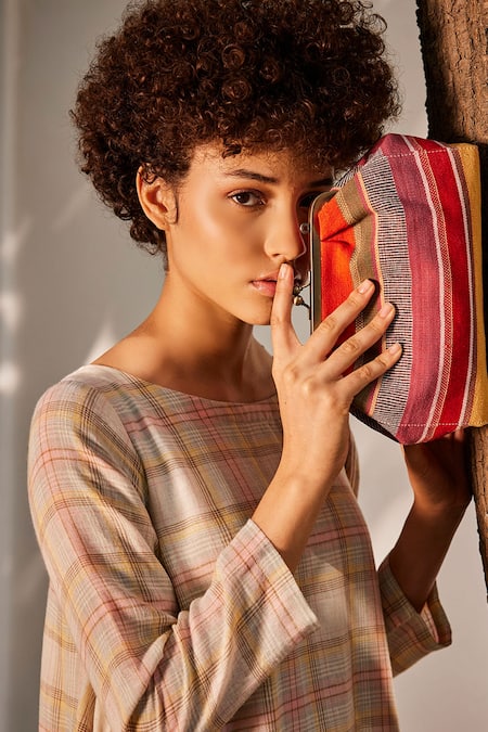 Kharakapas_Multi Color Linen Boat Neck Checkered Midi Dress _at_Aza_Fashions