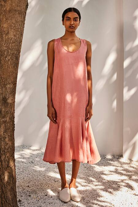Buy_Kharakapas_Pink Linen Scoop Neck Soft Gaze Flared Dress _Online_at_Aza_Fashions