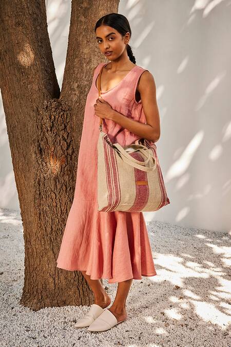 Shop_Kharakapas_Pink Linen Scoop Neck Soft Gaze Flared Dress _Online_at_Aza_Fashions