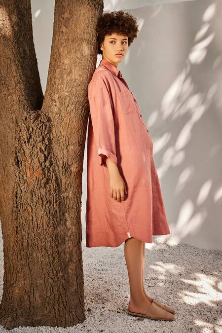 Kharakapas_Pink Linen Collared Salmon Sleeve Shirt Dress _Online_at_Aza_Fashions