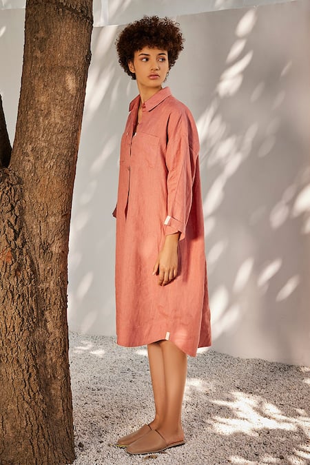 Buy_Kharakapas_Pink Linen Collared Salmon Sleeve Shirt Dress _Online_at_Aza_Fashions