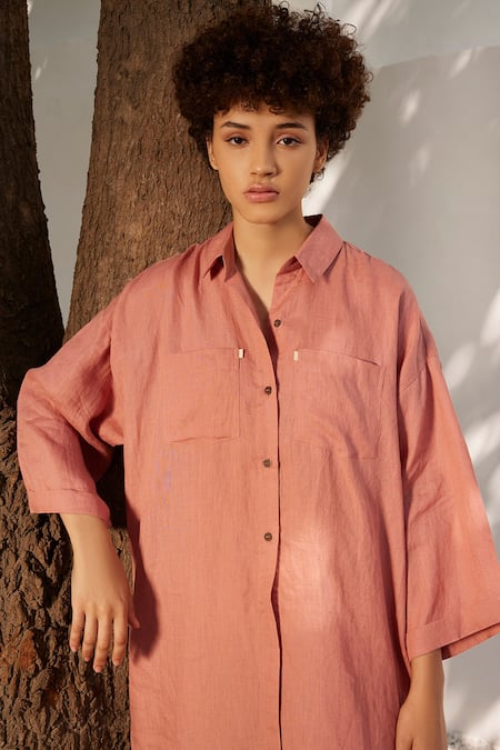 Shop_Kharakapas_Pink Linen Collared Salmon Sleeve Shirt Dress _Online_at_Aza_Fashions