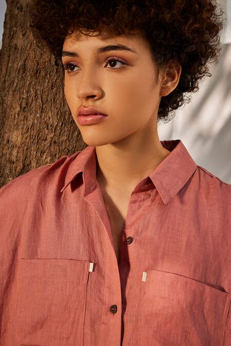 Kharakapas_Pink Linen Collared Salmon Sleeve Shirt Dress _at_Aza_Fashions