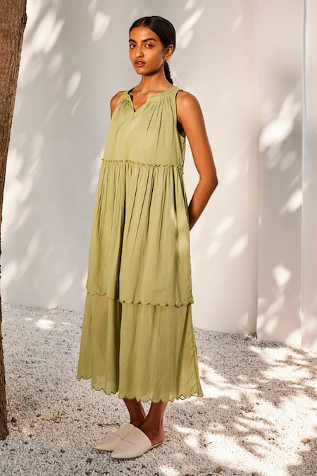 Buy_Kharakapas_Green Cotton Embroidery Split V-neck Gaia Scallop Hem Midi Dress _Online_at_Aza_Fashions