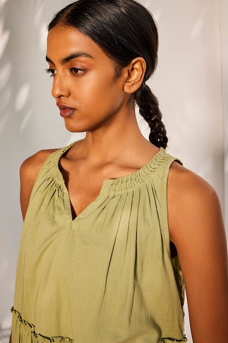 Shop_Kharakapas_Green Cotton Embroidery Split V-neck Gaia Scallop Hem Midi Dress _Online_at_Aza_Fashions
