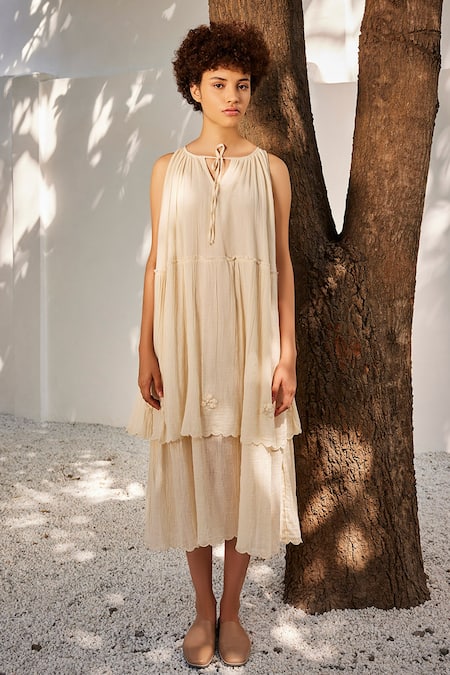 Shop_Kharakapas_Cream Cotton Embroidery Round Neck Cloudy Gauge Midi Dress _Online_at_Aza_Fashions