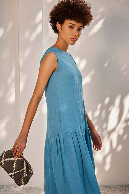 Shop_Kharakapas_Blue Linen Embroidery Boat Neck When It Rains Midi Dress _Online_at_Aza_Fashions