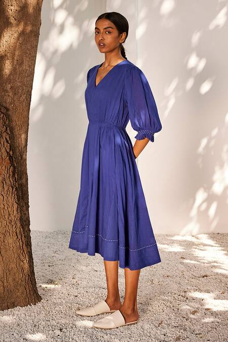 Buy_Kharakapas_Blue Cotton, Poplin Embroidery V-neck Bustling Wind Midi Dress _Online_at_Aza_Fashions
