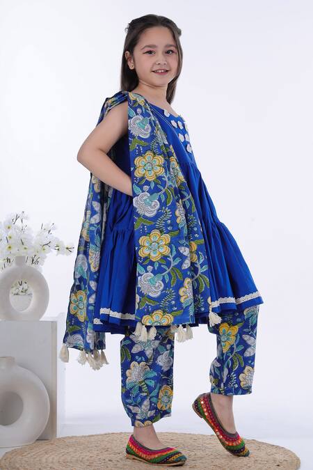 Kalp_Blue Cotton Lace, Embroidery, Tassels Naz Kurta Set _Online_at_Aza_Fashions