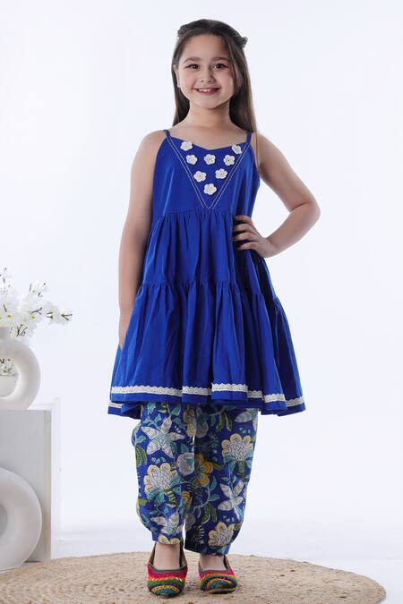 Buy_Kalp_Blue Cotton Lace, Embroidery, Tassels Naz Kurta Set _Online_at_Aza_Fashions