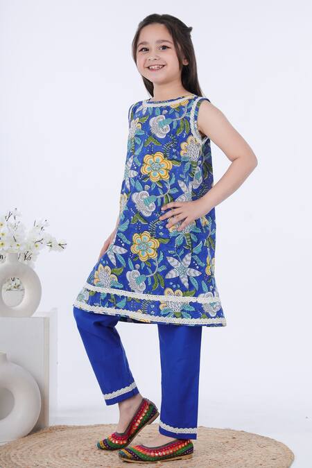 Buy_Kalp_Blue Cotton Embroidery Samrina Floral Print Kurta And Pant Set _Online_at_Aza_Fashions