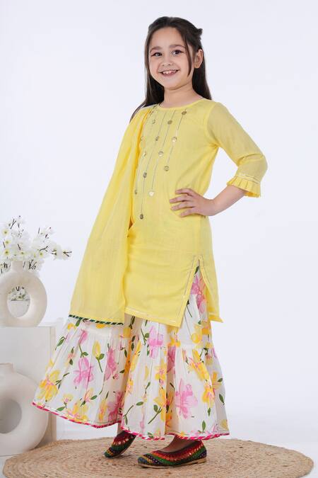 Kalp_Yellow Cotton, Lurex Embroidery, Gota Patti Floral Kurta Sharara Set _Online_at_Aza_Fashions