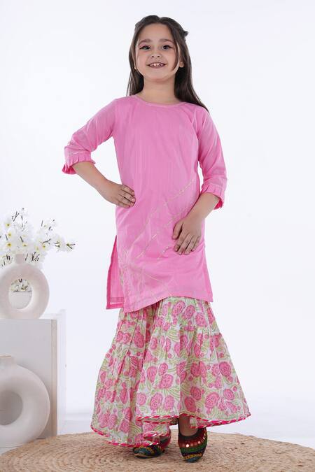 Kalp_Pink Cotton, Lurex Embroidery, Gota Patti Gulbahar Kurta Sharara Set_Online_at_Aza_Fashions