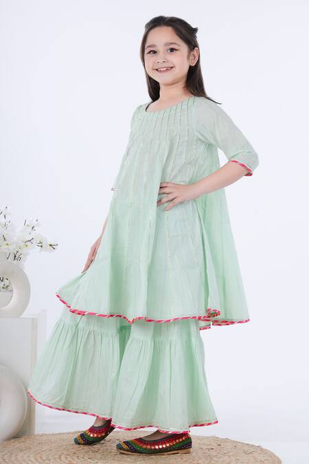 Kalp_Green Cotton, Lurex Gota Patti Najma Embroidered Kurta And Sharara Set  _Online_at_Aza_Fashions