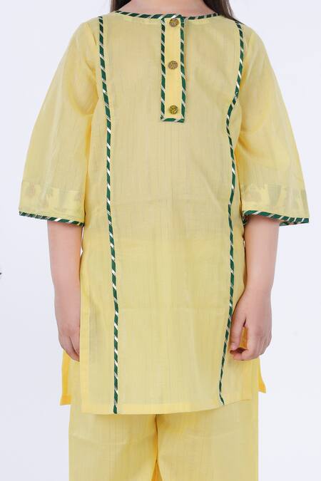 Shop_Kalp_Yellow Cotton, Lurex Embroidery, Gota Patti Zard Kurta Set With Printed Dupatta _Online_at_Aza_Fashions