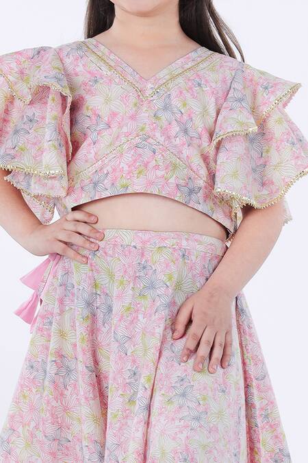 Kalp_Multi Color Cotton Gota Patti, Embroidery Qurbat Printed Lehenga And Crop Top Set _Online_at_Aza_Fashions