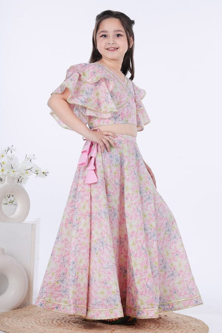 Buy_Kalp_Multi Color Cotton Gota Patti, Embroidery Qurbat Printed Lehenga And Crop Top Set _Online_at_Aza_Fashions