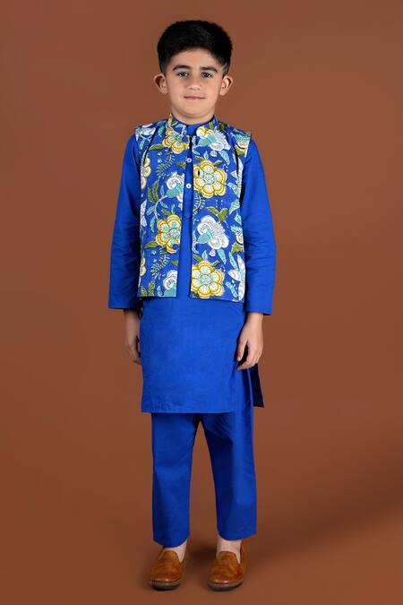 Kalp_Blue Cotton Embroidery Floral Printed Kurta Set _Online_at_Aza_Fashions
