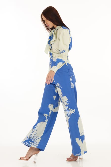 Shop Koai Blue Poplin Cotton Floral Pattern Pant Online at Aza Fashions Shop_Koai_Blue Poplin Cotton Floral Pattern Pant _Online_at_Aza_Fashions