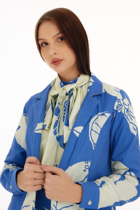 Koai_Blue Poplin Cotton Floral Lapel Pattern Cape _Online_at_Aza_Fashions