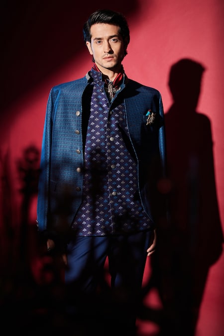 Bubber Couture_Blue Silk Embroidery Diametric Print Bandhgala Jacket _Online_at_Aza_Fashions