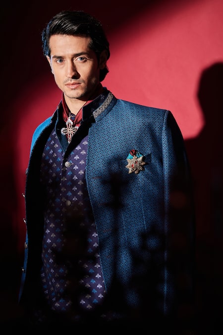 Buy_Bubber Couture_Blue Silk Embroidery Diametric Print Bandhgala Jacket _Online_at_Aza_Fashions