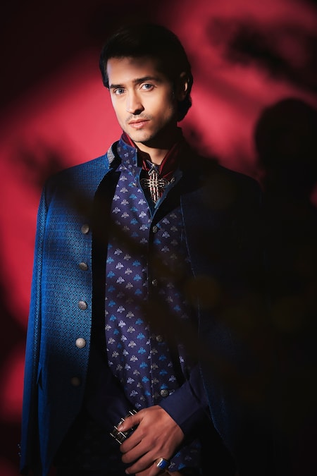 Shop_Bubber Couture_Blue Silk Embroidery Diametric Print Bandhgala Jacket _Online_at_Aza_Fashions