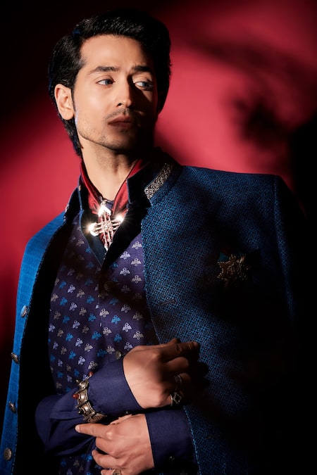 Bubber Couture_Blue Silk Embroidery Diametric Print Bandhgala Jacket _at_Aza_Fashions