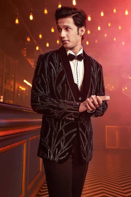 Kora By Nilesh Mitesh Blue Velvet Embroidered Glimmer Tuxedo Pant Set Online at Aza Fashions Kora By Nilesh Mitesh_Blue Velvet Embroidered Glimmer Tuxedo Pant Set_Online_at_Aza_Fashions