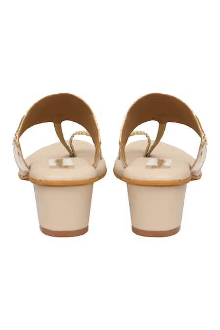 Kkarma Accessories_White Embroidery, Beads Korba Kolhapuri Block Heels _Online_at_Aza_Fashions