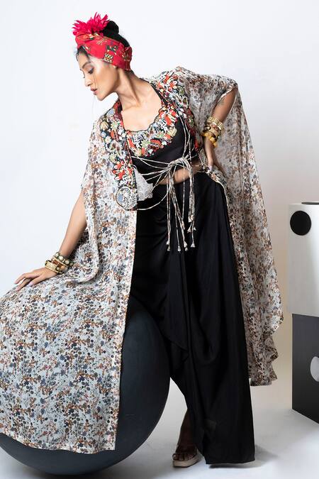 Pds By Sneha_Multi Color Silk Organza Beads, Embroidery Scoop Floral Print Cape Skirt Set _Online_at_Aza_Fashions